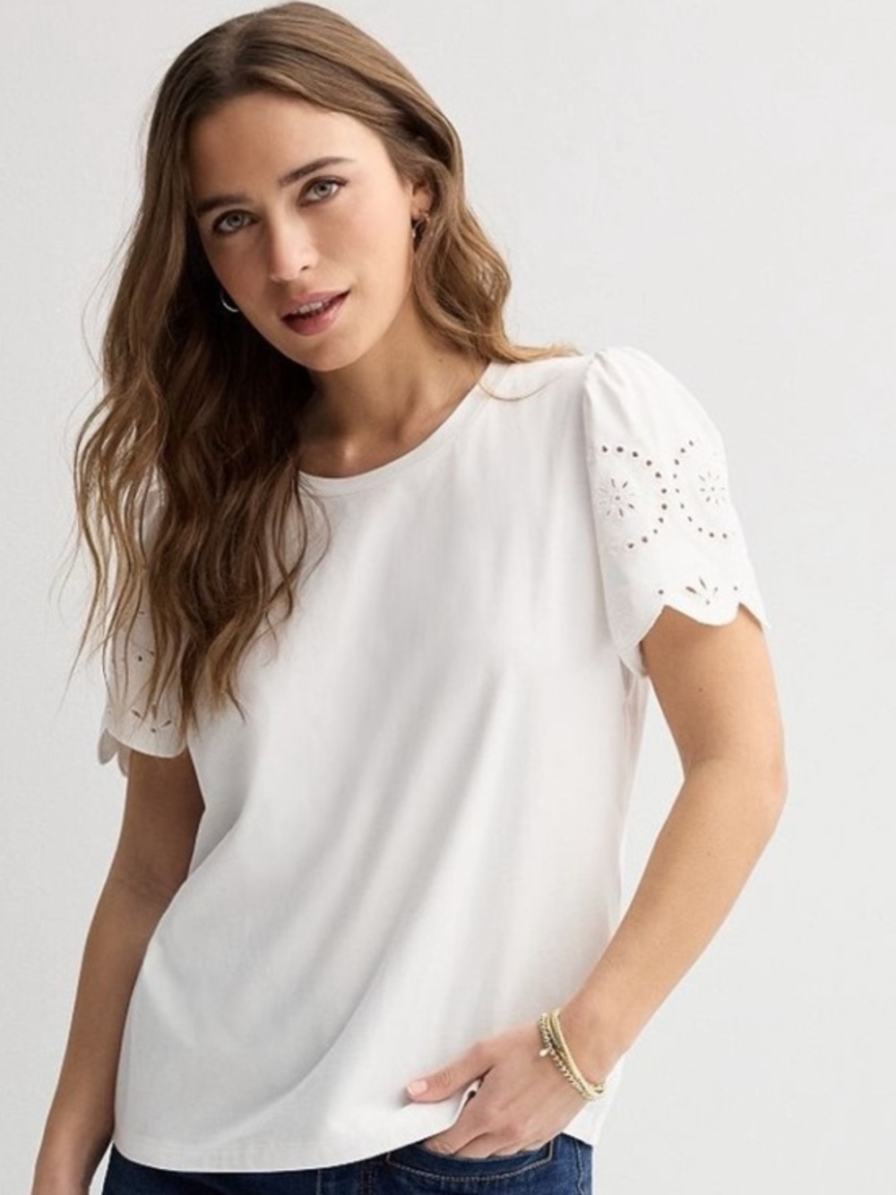 Draper James White Eyelet Puff Sleeve Tee in size Large